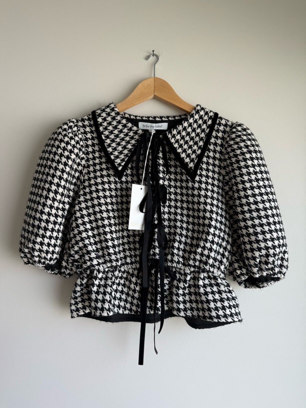 Sofie the Label Houndstooth Puff Sleeve Tie Front Blouse NWT